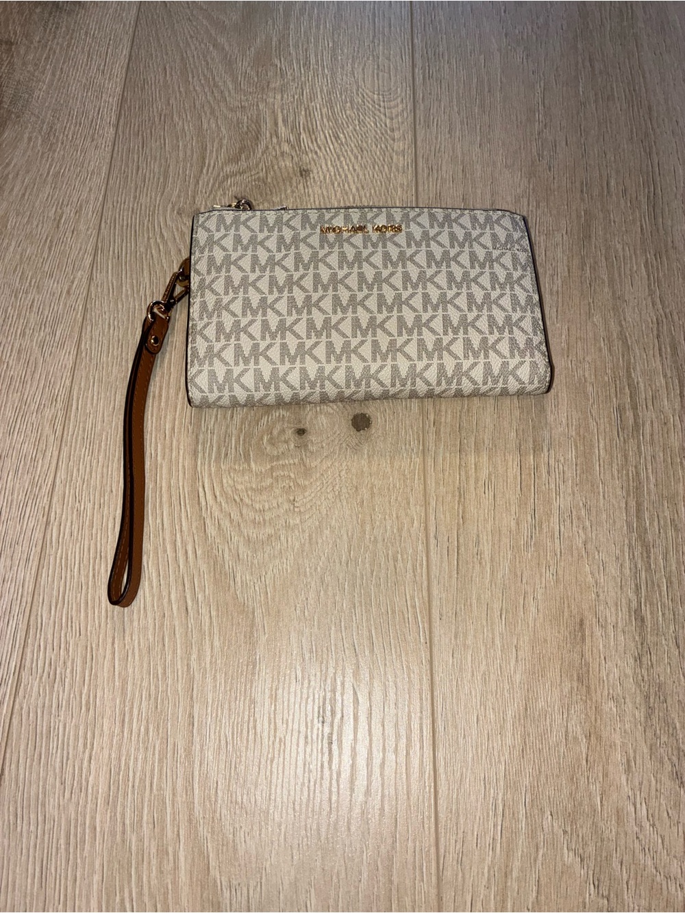 Michael Kors Cream and Brown Signature MK Wristlet